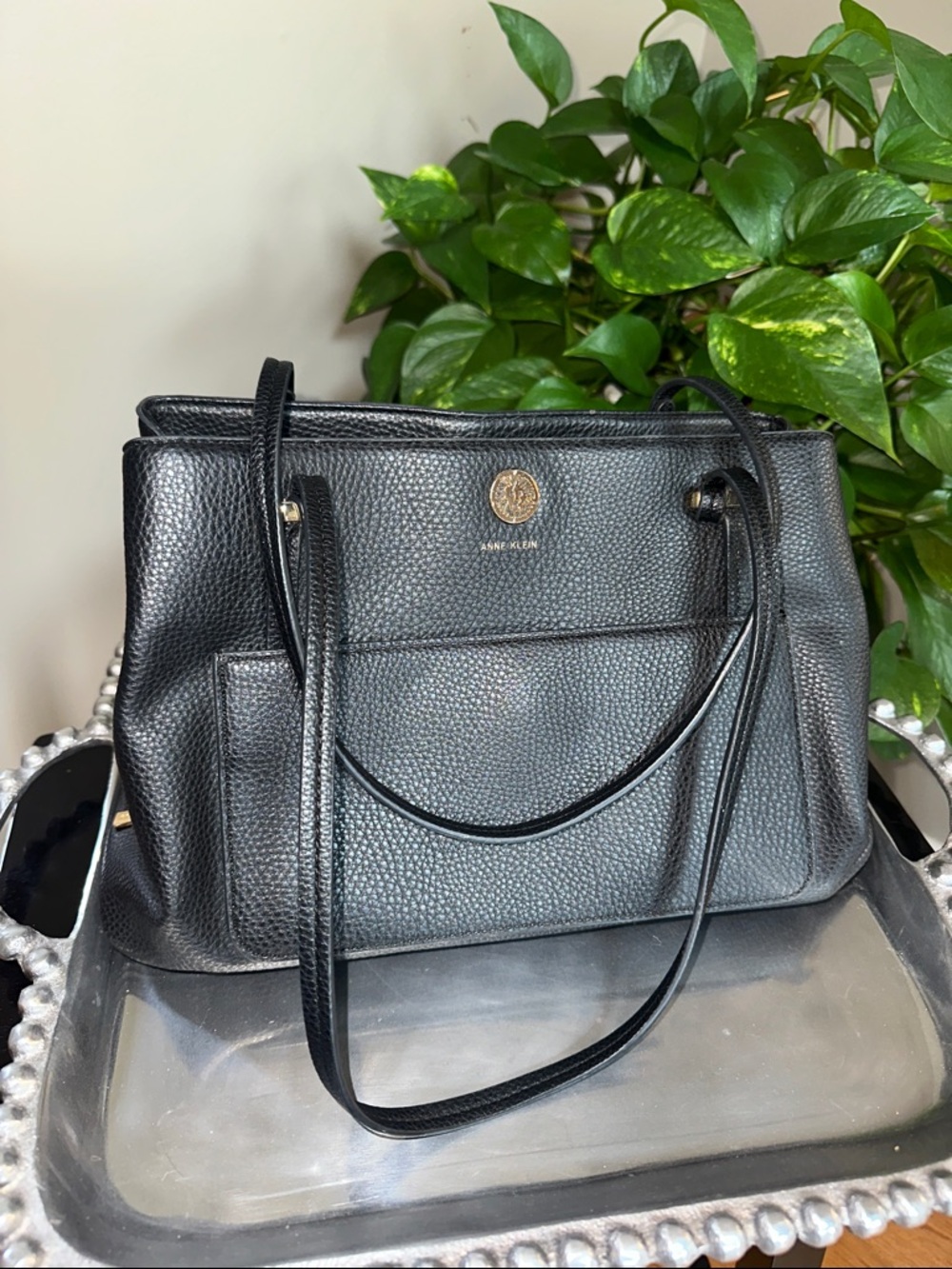 Anne Klein Black Pebbled Shoulder Bag with Gold Logo Excellent Used condition.